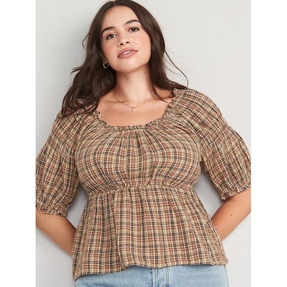 Old Navy Size 4X Puff Sleeve Brown Plaid Half Sleeve Peasant Blouse Top